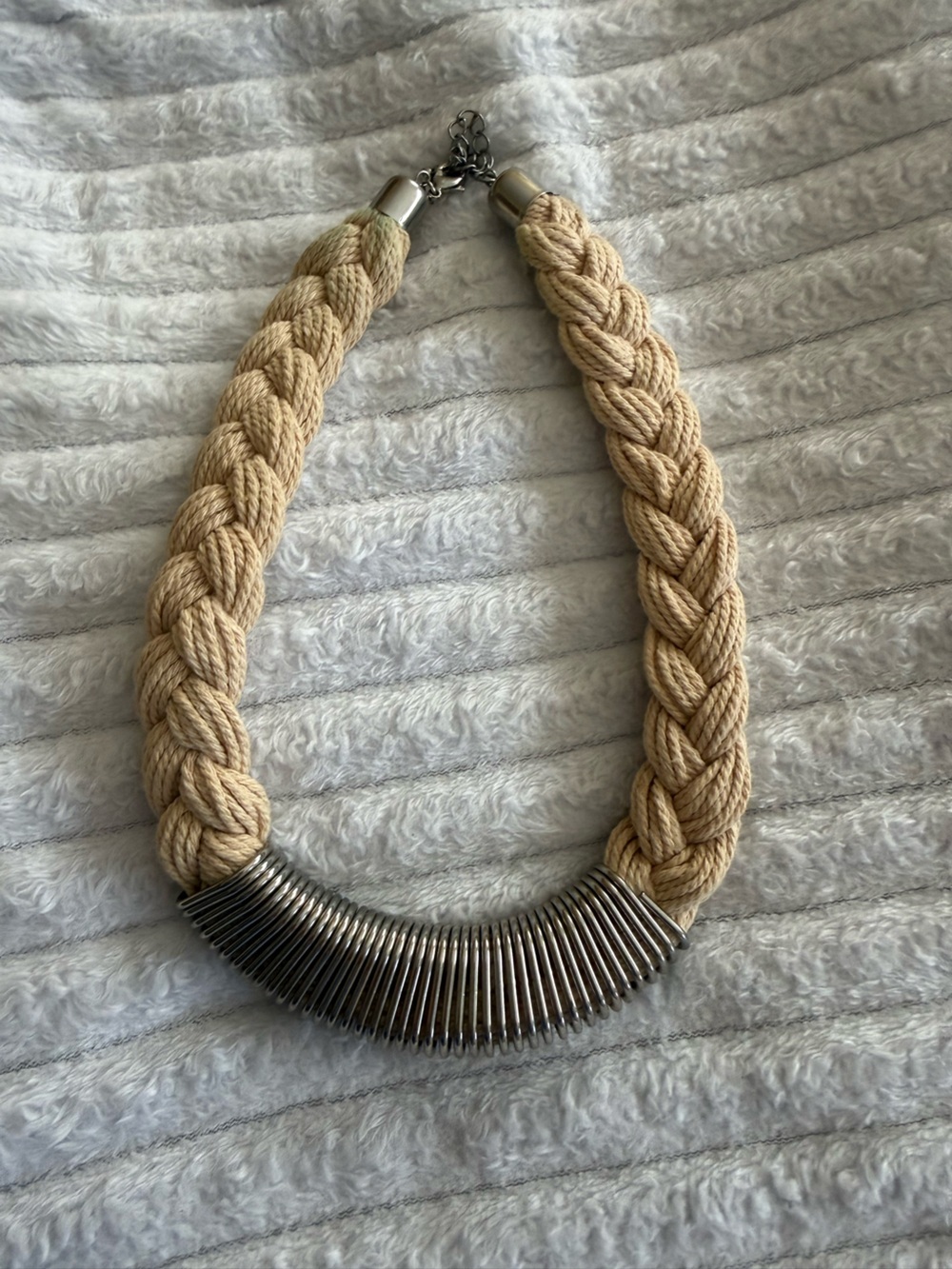 Braided Rope Necklace with Silver Coil Accent - Beige